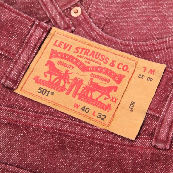 Levis Levi Strauss White Oak Cone Denim 501 Burgundy Red Dungarees Jeans, 40x32 - Picture 9 of 12